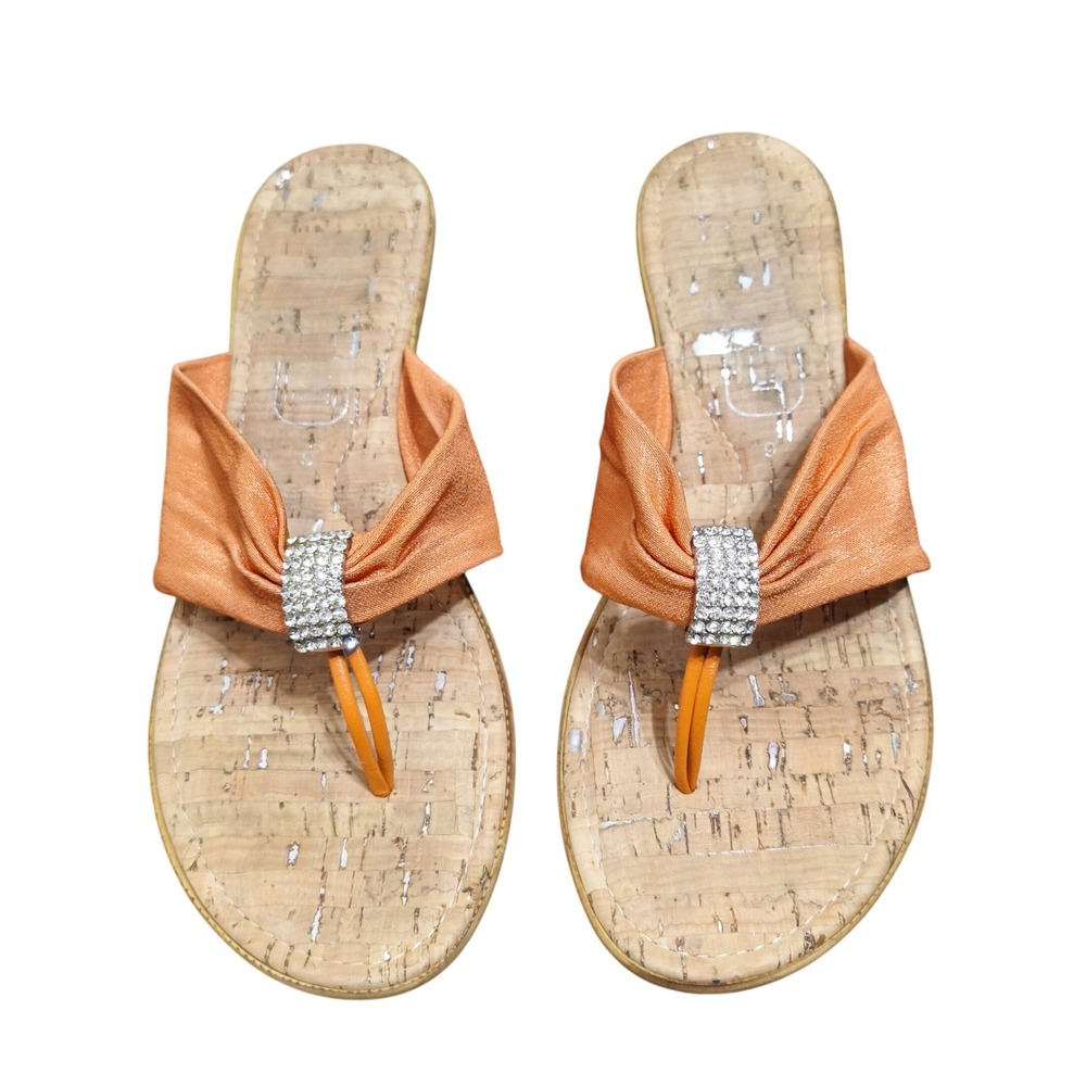 Orange‎ Fabric Rhinestone Thong Wedge Sandals Cork Footbed Made in Italy Size 9